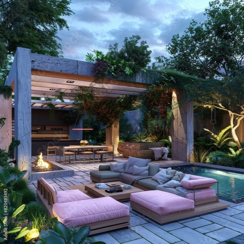 A modern outdoor living area with an unlit pool and purple and yellow couches under the shade of a wooden arbor in front of a dining table surrounded by chairs. © adri