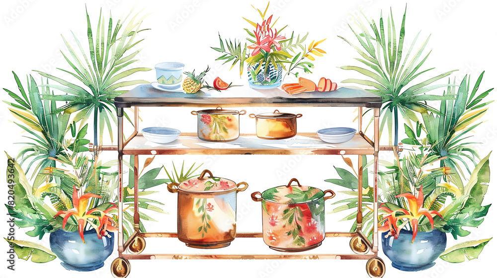 Hot pot serving trolley flat design, front view, garden party theme, watercolor, vivid Hot pot serving trolley flat design, front view, garden party theme, watercolor, vivid