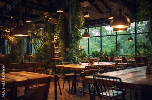 Cozy indoor dining area with greenery and warm lighting in a modern space