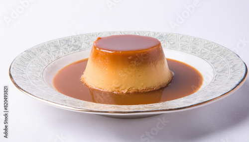 Flan caramel on white background