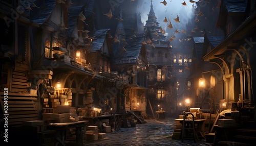 Fairy tale scene of a medieval city at night. 3d rendering © Iman