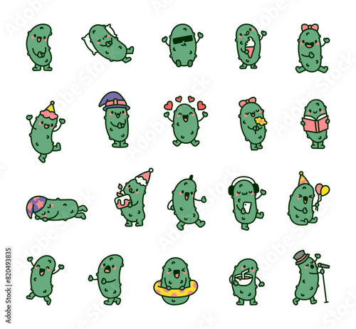 Cheerful cucumber character. Funny cartoon. Hand drawn style. Vector drawing. Collection of design elements.