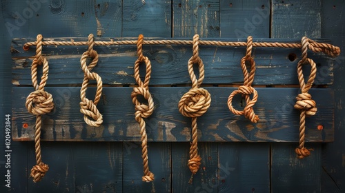 Various intricate knots tied on a rope hang against a rustic wooden background, showcasing rope-tying skills and nautical crafts. photo