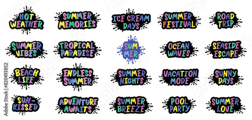 Handwritten phrases set -  Summer . Warm season lettering typography for card, invitation. Calligraphy greeting card. Logo, badge, icon, banner, poster, sticker, print.