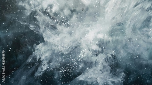 Thick white paint splashes spreading across a canvas, resembling a celestial nebula.