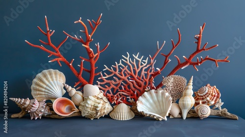 A stunning collection of seashells and coral arranged on a blue background, perfect for ocean-themed decor and nature-inspired designs.