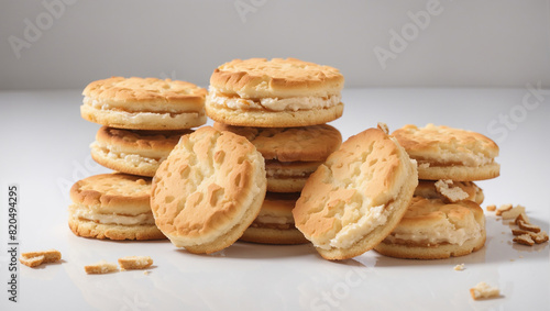 There are 8 vanilla sandwich cookies stacked vertically with a few cookie crumbs next to them.