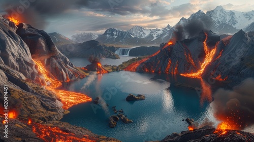 breathtaking scene of a volcanic eruption with lava flowing into a serene fjord surrounded by snow-capped mountains under a dramatic sky. Smoke and ash rise as nature's fury meets tranquil waters