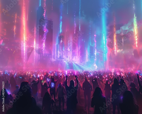 Hyperrealistic picture of festivalgoers with glow sticks, vibrant concert scene, pulsing lights, highenergy crowd, Midjourney visual