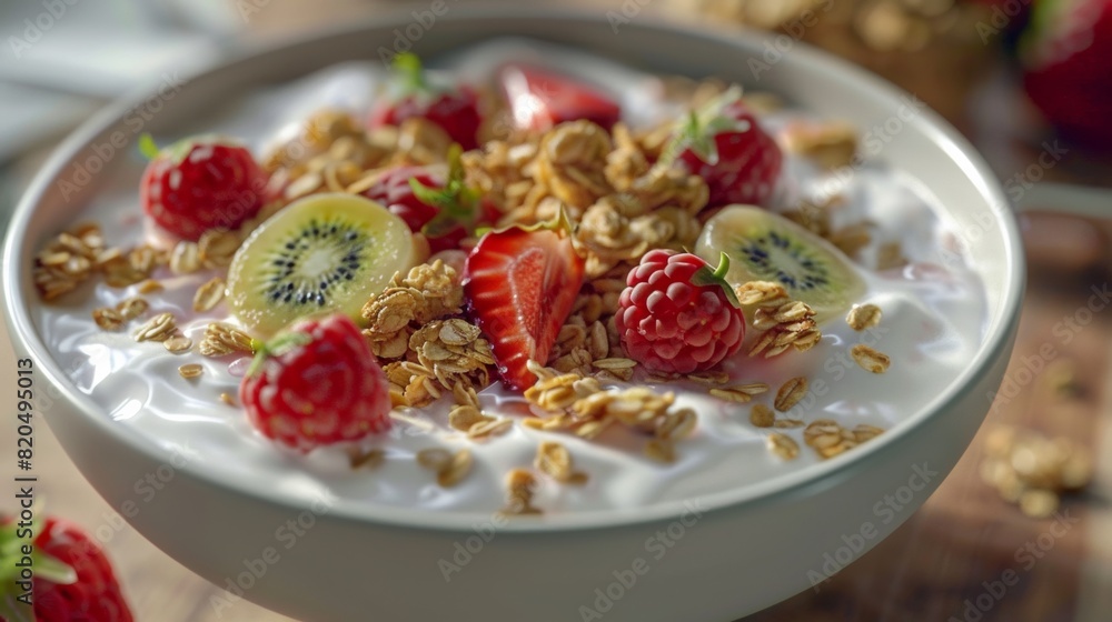 bowl of yogurt topped with granola, strawberries, kiwi, and raspberries, offering a delicious and nutritious breakfast option bowl of yogurt topped with granola, strawberries, kiwi, and raspberries, offering a delicious and nutritious breakfast option