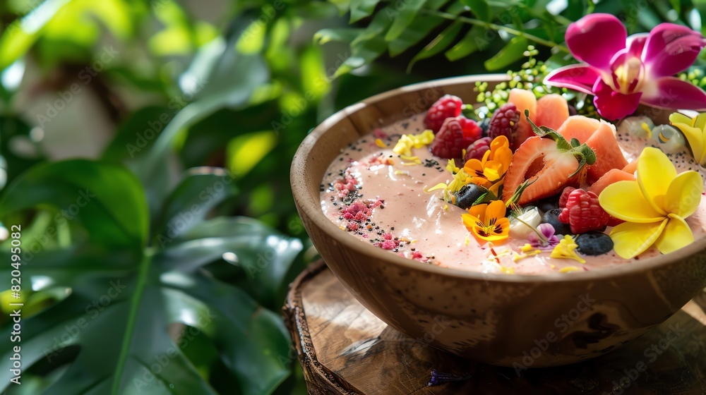 Fresh smoothie bowl with fruits and edible flowers, served in a wooden bowl in nature, captured on a sunny day. Fresh smoothie bowl with fruits and edible flowers, served in a wooden bowl in nature, captured on a sunny day.