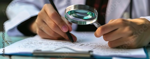 A psychologist analyzing handwritten notes with a magnifying glass, analytical, thoughtful sketch photo