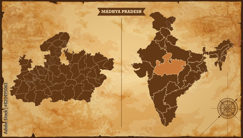 Madhya Pradesh state map, India map with federal states in A vintage map based background, Political India Map