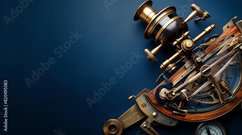 Elegant vintage sextant on a deep blue background, symbolizing exploration, navigation, and historical maritime technology.