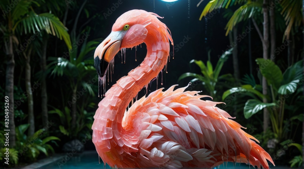 Fototapeta premium Anime Flamingo: A Sleek, Creepy Monster in Clean, Colorful Ice Cube Jelly