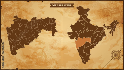 Maharashtra state map, India map with federal states in A vintage map based background, Political India Map