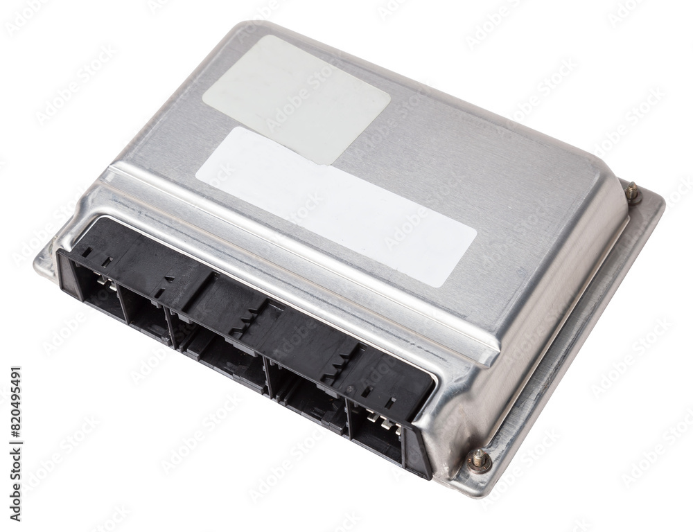 car engine control unit with metal elements on a white isolated background is the connecting center of various subsystems, units and assemblies. Monitoring the state of the moment. Spare part car engine control unit with metal elements on a white isolated background is the connecting center of various subsystems, units and assemblies. Monitoring the state of the moment. Spare part
