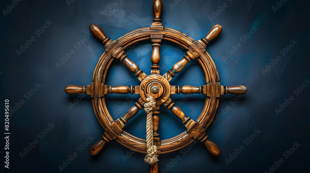 Obraz premium Wooden ship helm on blue background. Nautical theme of vessel navigation and seafaring. Detailed design of ship steering wheel with rope accent.