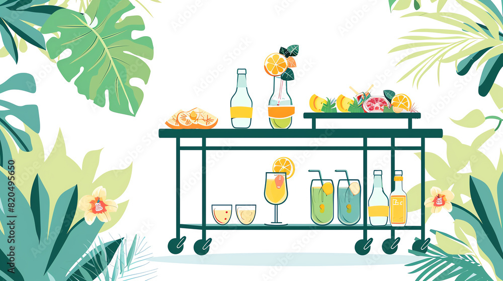 Obraz premium Mobile beverage trolley flat design, side view, garden party theme, cartoon drawing, analogous color scheme