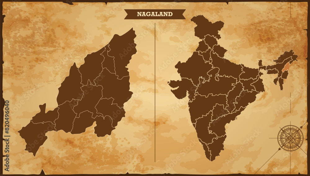 Nagaland state map, India map with federal states in A vintage map based background, Political India Map