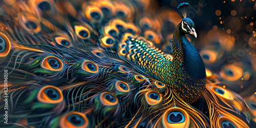 vibrant peacock with a long tailfeathers display a range of colors such as green, blue, and yellow
