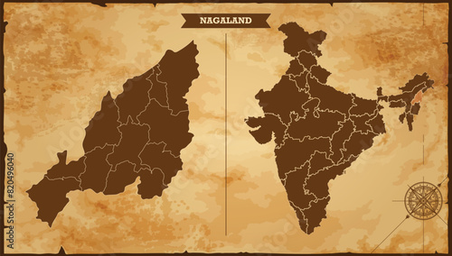 Nagaland state map, India map with federal states in A vintage map based background, Political India Map