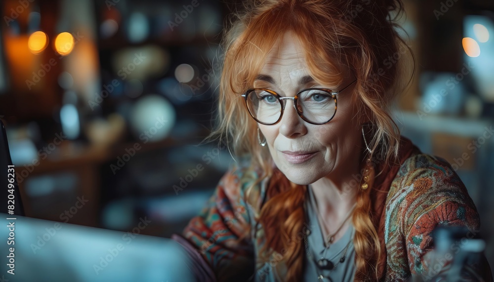 A woman with red hair and glasses is looking at her computer. A woman with red hair and glasses is looking at her computer.