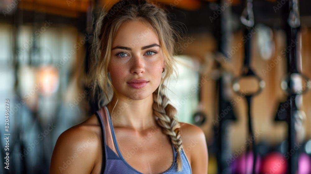 portrait of a beautiful Caucasian young woman 20-25 years old in training sportswear looking at the camera while in the gym