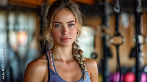 portrait of a beautiful Caucasian young woman 20-25 years old in training sportswear looking at the camera while in the gym