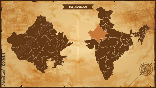 Rajasthan state map, India map with federal states in A vintage map based background, Political India Map