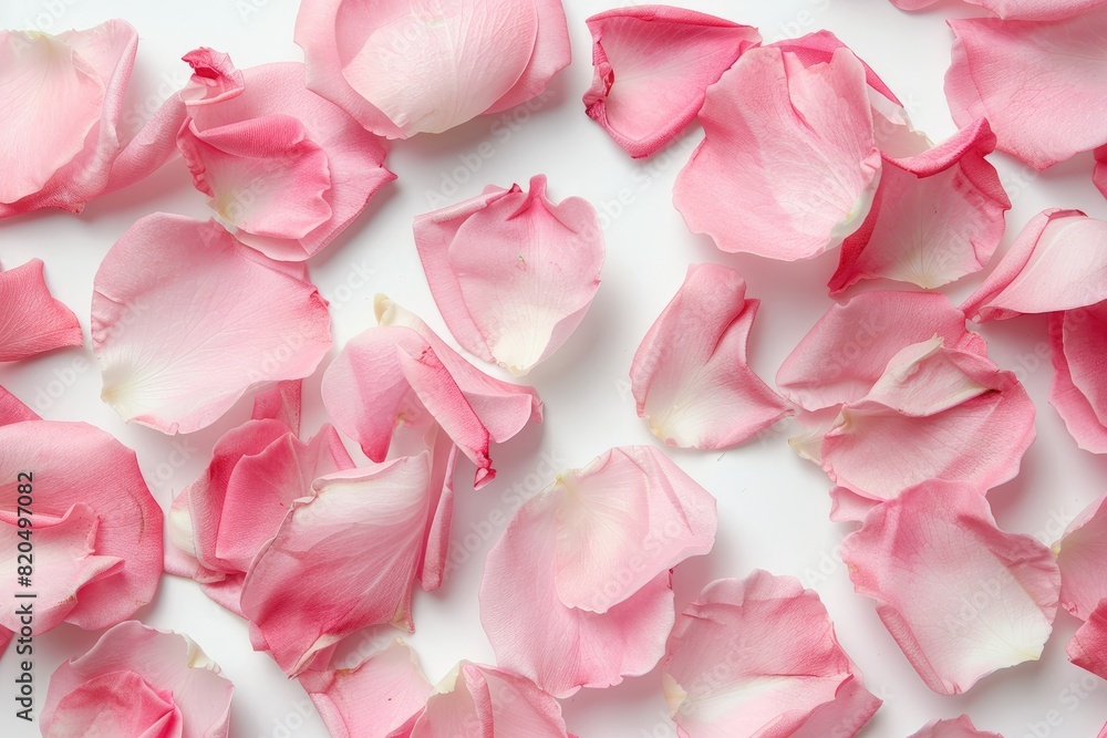 Top view of pink rose petals on a white background. Valentine's Day, Mother's Day, and Romantic background concept. Top view of pink rose petals on a white background. Valentine's Day, Mother's Day, and Romantic background concept.