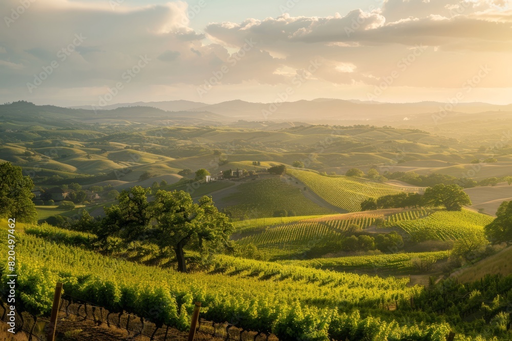 Scenic wine country landscape, with rolling hills, verdant vineyards, And Charming Villages Dotted Along The Horizon, Generative AI