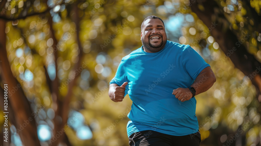 Portrait of a joyful overweight man exercising in a park wearing a bright blue t-Shirt and black shorts on a sunny day Portrait of a joyful overweight man exercising in a park wearing a bright blue t-Shirt and black shorts on a sunny day