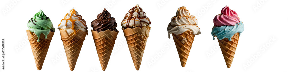 Ice cream scoop on waffle cone on transparent background cutout, Many assorted different flavor Mockup template for artwork design Ice cream scoop on waffle cone on transparent background cutout, Many assorted different flavor Mockup template for artwork design