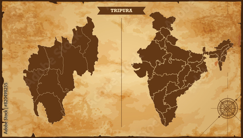 Tripura state map, India map with federal states in A vintage map based background, Political India Map