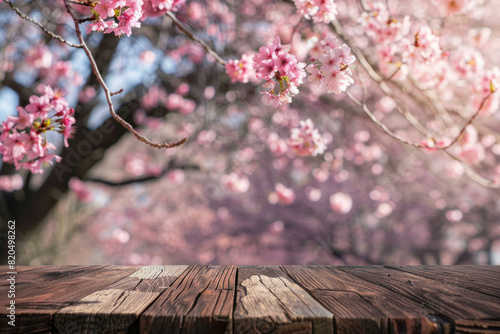 A wooden desk top with blurred background of skura tree with cherry blossom. Good for background
