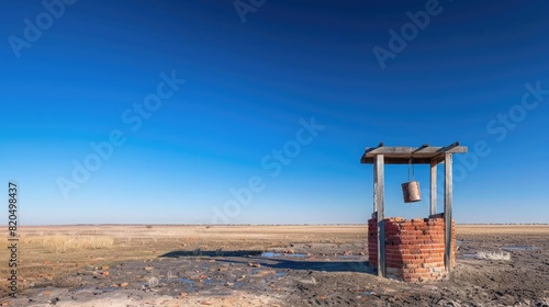The simplicity of a brick water well with a wooden canopy, a bucket suspended on a fraying rope, set against the stark beauty of the empty landscape under the vast, clear blue sky. photo