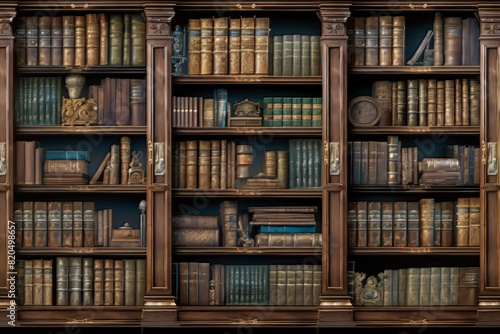 Detailed wooden bookshelf filled with classic literature and antique decor items