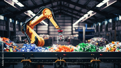 Waste management facility robotic arm sorting different plastic waste recycle reuse concept 