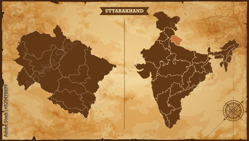 Uttarakhand state map, India map with federal states in A vintage map based background, Political India Map
