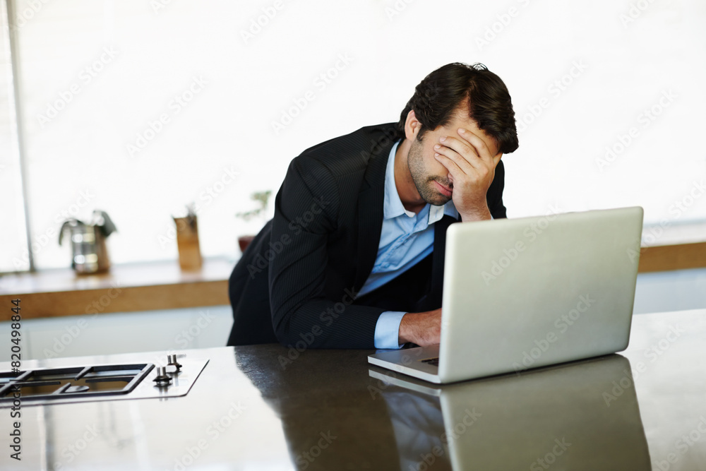 Office, business and man with stress, laptop and mistake on project, email and feedback of failure. Employee, bookkeeper and person with computer, sad and headache for reading of review and tired
