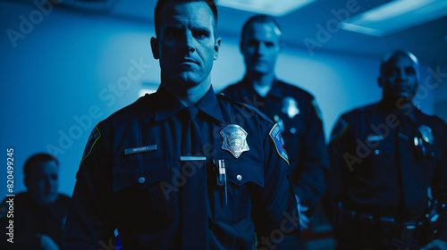 An intense portrait of a police officer with colleagues in soft focus behind him in a dark room