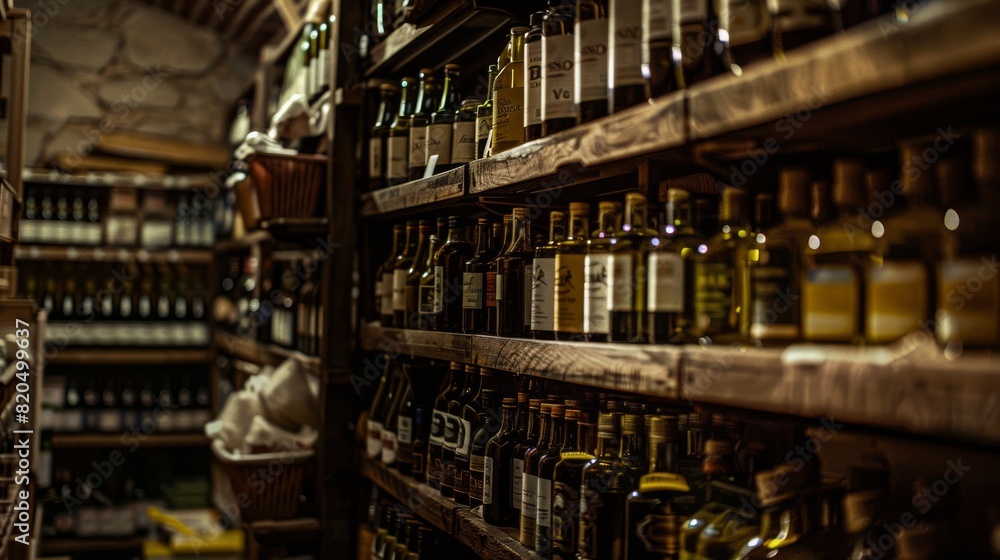An intimate view of numerous artisanal bottles neatly arranged on wooden shelves in a vintage shop An intimate view of numerous artisanal bottles neatly arranged on wooden shelves in a vintage shop