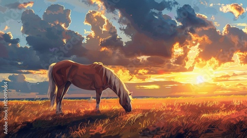 a Horse grazing with sunset in the background photo