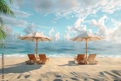 Beach umbrella with chairs on the sand. summer vacation concept. 3d rendering