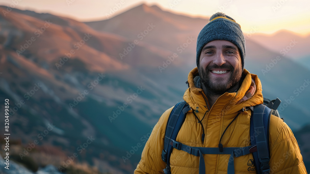 Cheerful man with a backpack standing against beautiful mountain landscape at sunrise Cheerful man with a backpack standing against beautiful mountain landscape at sunrise