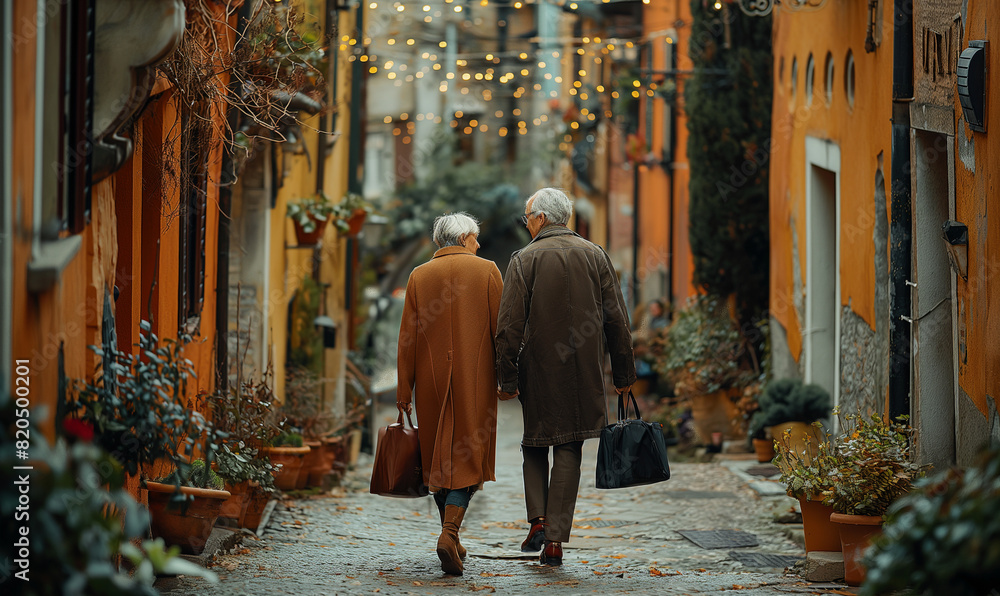 A woman walks down a European town sidewalk past old architecture and a couple shopping A woman walks down a European town sidewalk past old architecture and a couple shopping