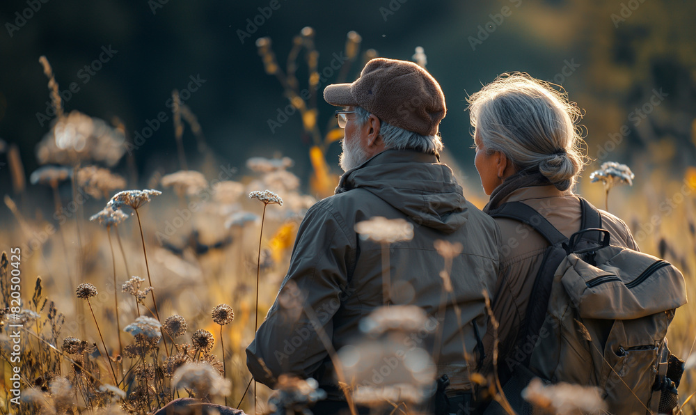 Fototapeta premium Elderly couple enjoying a peaceful walk through a field of wildflowers, appreciating nature and companionship on a sunny day.