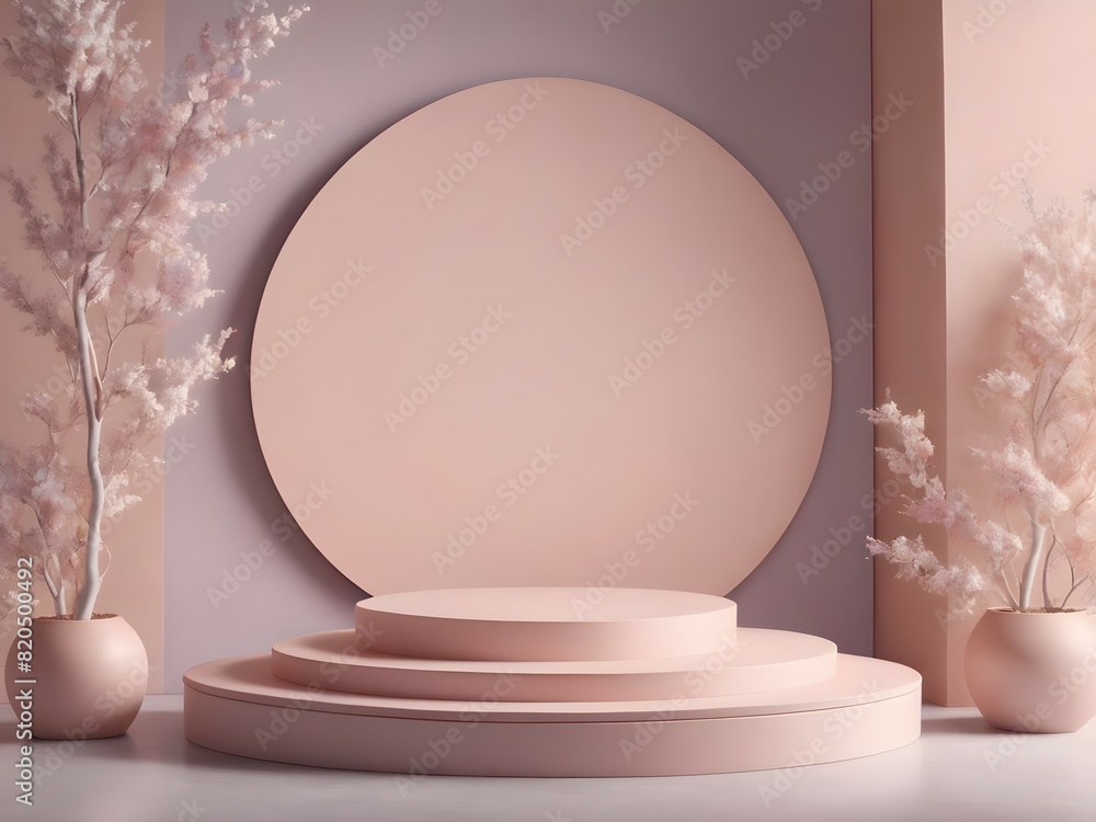 Podium for product display on pastel background with branches in vases
Podium for product display on pastel background with branches in vases