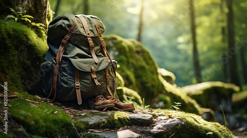 Hiking Backpack and Boots Resting on Mossy Rock, Peaceful Forest Trek, Serene Nature Escape © AspctStyle